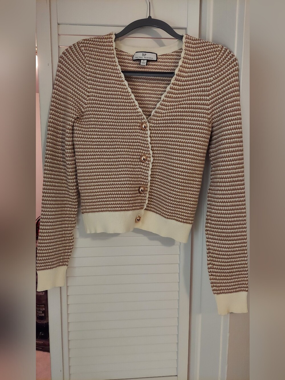 Rachel Parcell Cream and Light Brown Striped V-Neck Cardigan